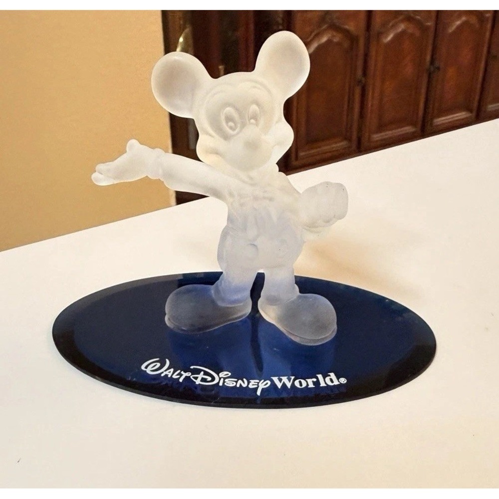Vintage Walt Disney World Mickey Mouse Frosted Glass Figurine Blue Base